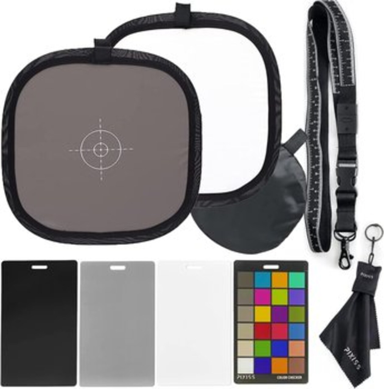 Pixiss Portable Photography Accessories - 12x12 Foldable White Balance Reflector, Grey Reference & White Balance Card, 4In1 Color Correction Card Set and Measuring Tape Lanyard by Pixiss